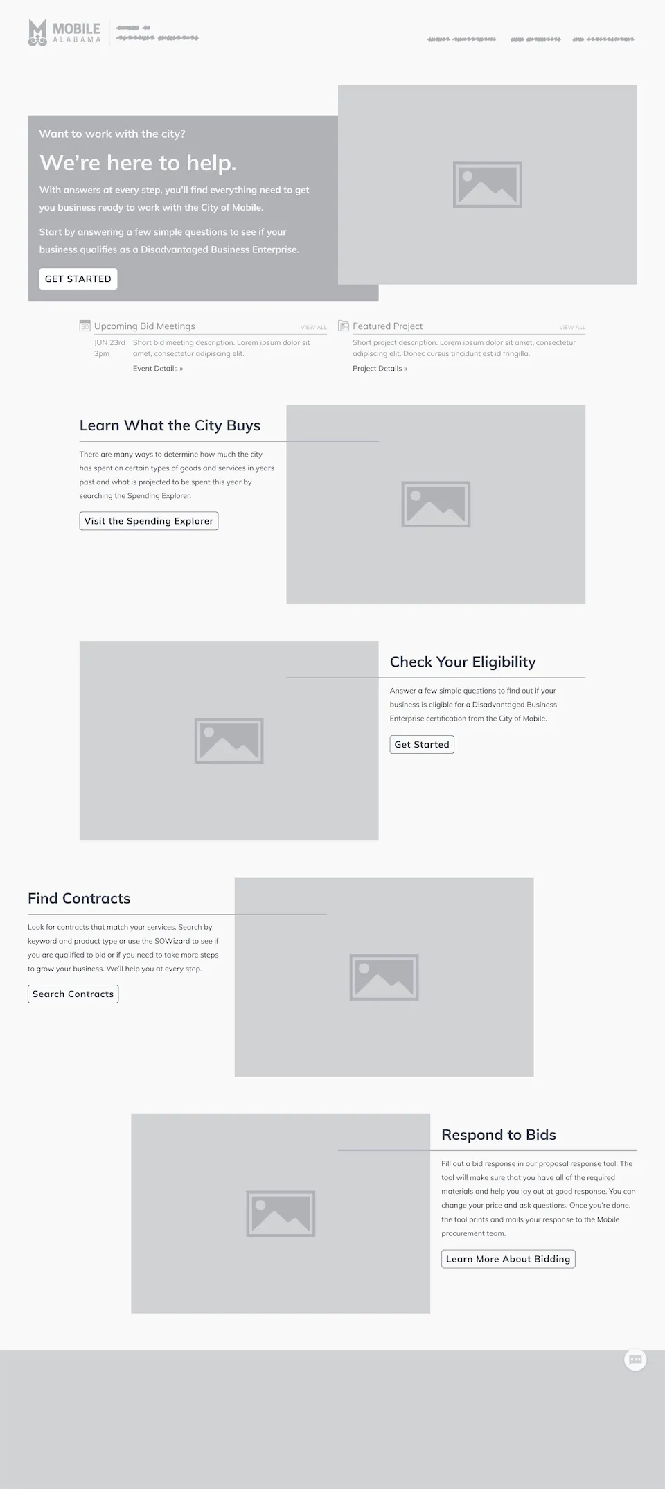 Wireframe: public-facing webpage.